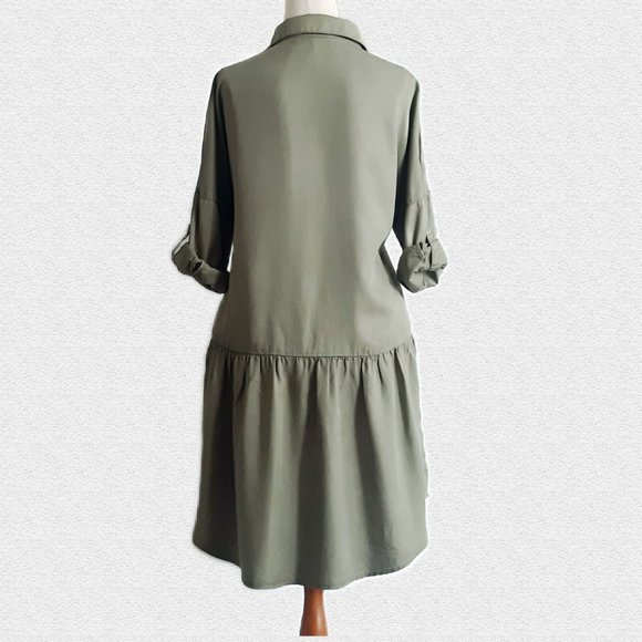 Zara Olive Green Denim Shirt Dress - Size M - Picture 2 of 7